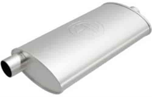 4.5" x 9.75" Oval Body Universal Muffler Offset In/Center Out: 2.25"/2.25" Body Length: 19" Overall Length: 26"