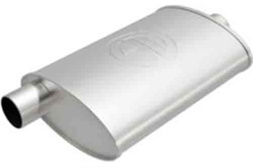 4.5" x 9.75" Oval Body Universal Muffler Offset In/Center Out: 1.75"/1.75" Body Length: 15" Overall Length: 21"