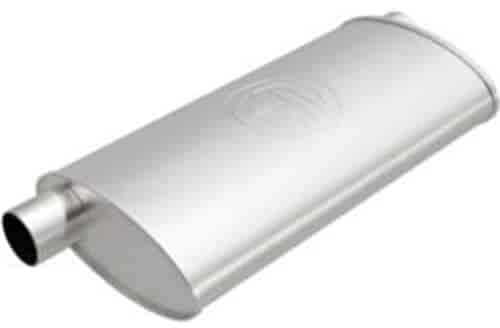 4.5" x 9.75" Oval Body Universal Muffler Offset In/Center Out: 2.25"/2.25" Body Length: 18" Overall Length: 25"