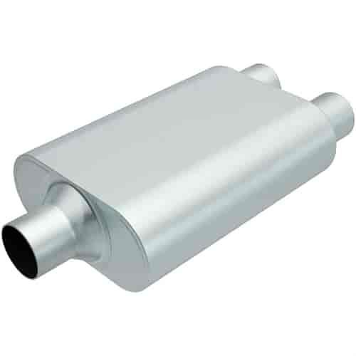 Rumble Chamber Muffler Center In/Dual Out: 2.25"/2.25" Body Length: 13" Overall Length: 19"