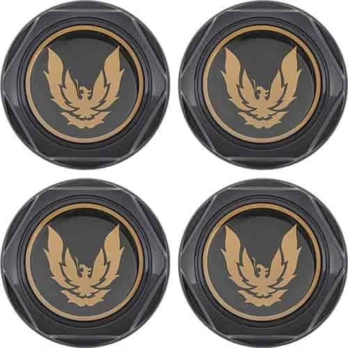 748670 Wheel Center Caps 1982-1992 Pontiac Firebird, Gloss Black with Gold Bird Emblem
