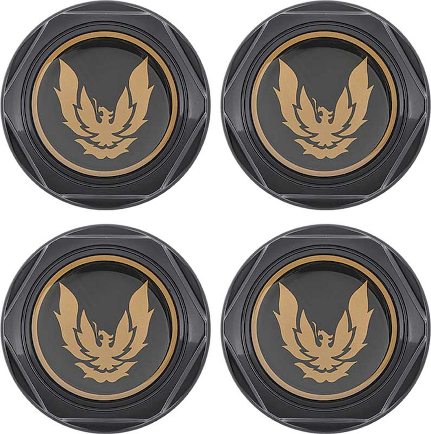 748675 Wheel Center Caps 1982-92 Firebird; Black; Gold Emblem; Without Metal Clips; 4-Piece Set
