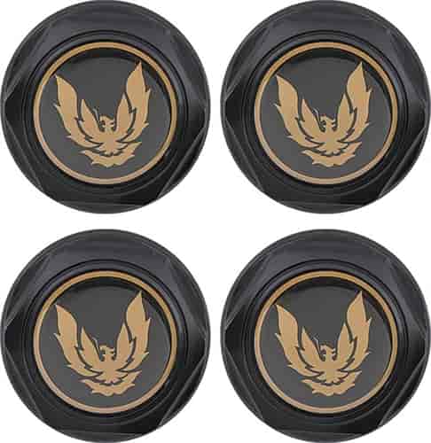 881160 Wheel Center Cap Set 1982-92 Firebird; Flat Black w/ Late Gold Bird Emblem & Metal Clips (4 pc)
