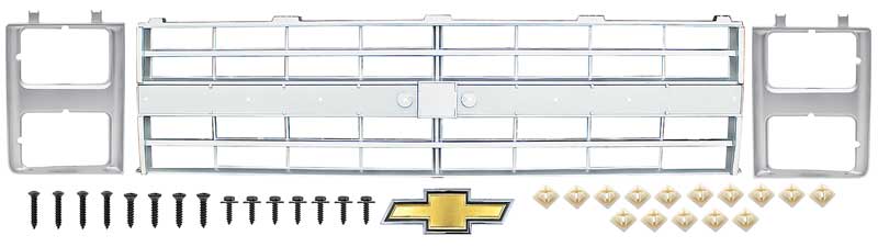 Grille, Headlamp Bezel, Emblem Set Fits Select 1985-1988 Chevrolet Blazer, Pickup, Suburban [Bow Tie Emblem, Silver]