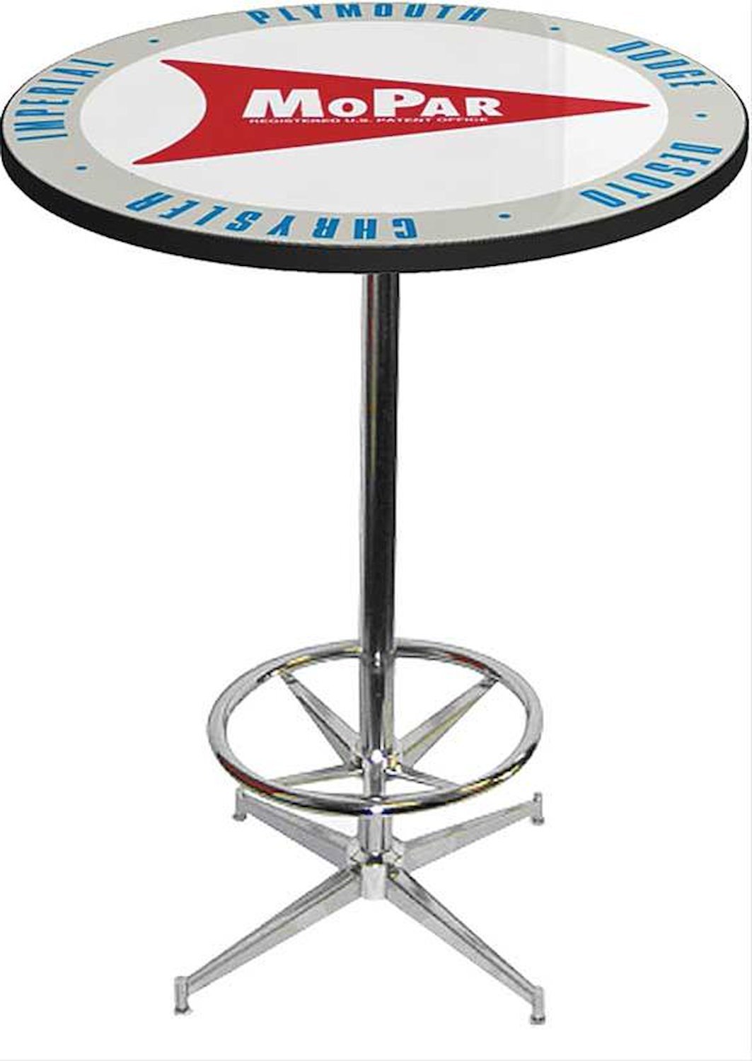 MD673102 Pub Table With Chrome Base And Foot Rest 1959-63 Style Mopar Logo Pub Table With Chrome Base And Foot Rest