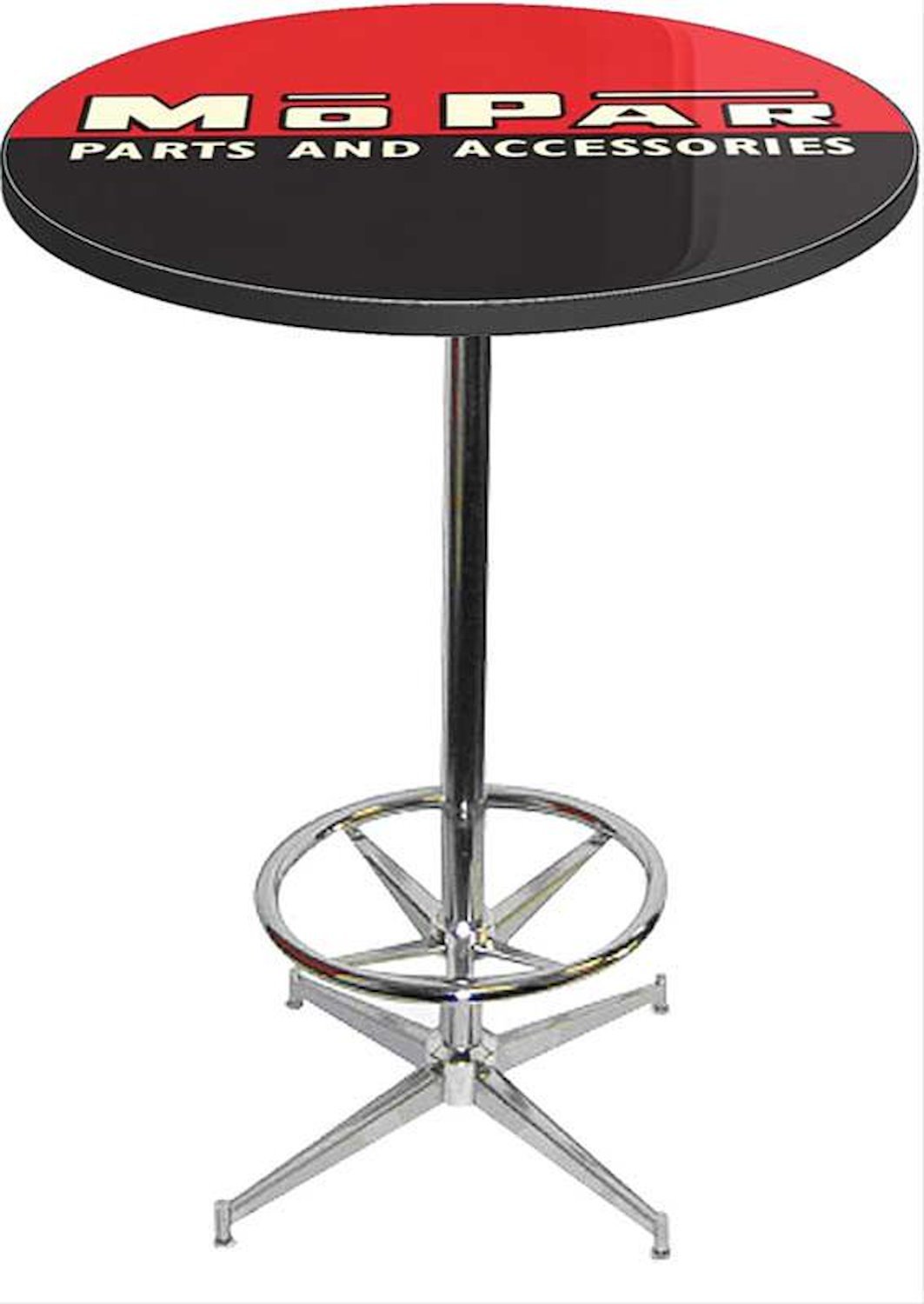 MD673103 Pub Table With Chrome Base And Foot Rest 1948-53 Style Black/Red Mopar parts And Accessories Logo Pub Table With Chrome