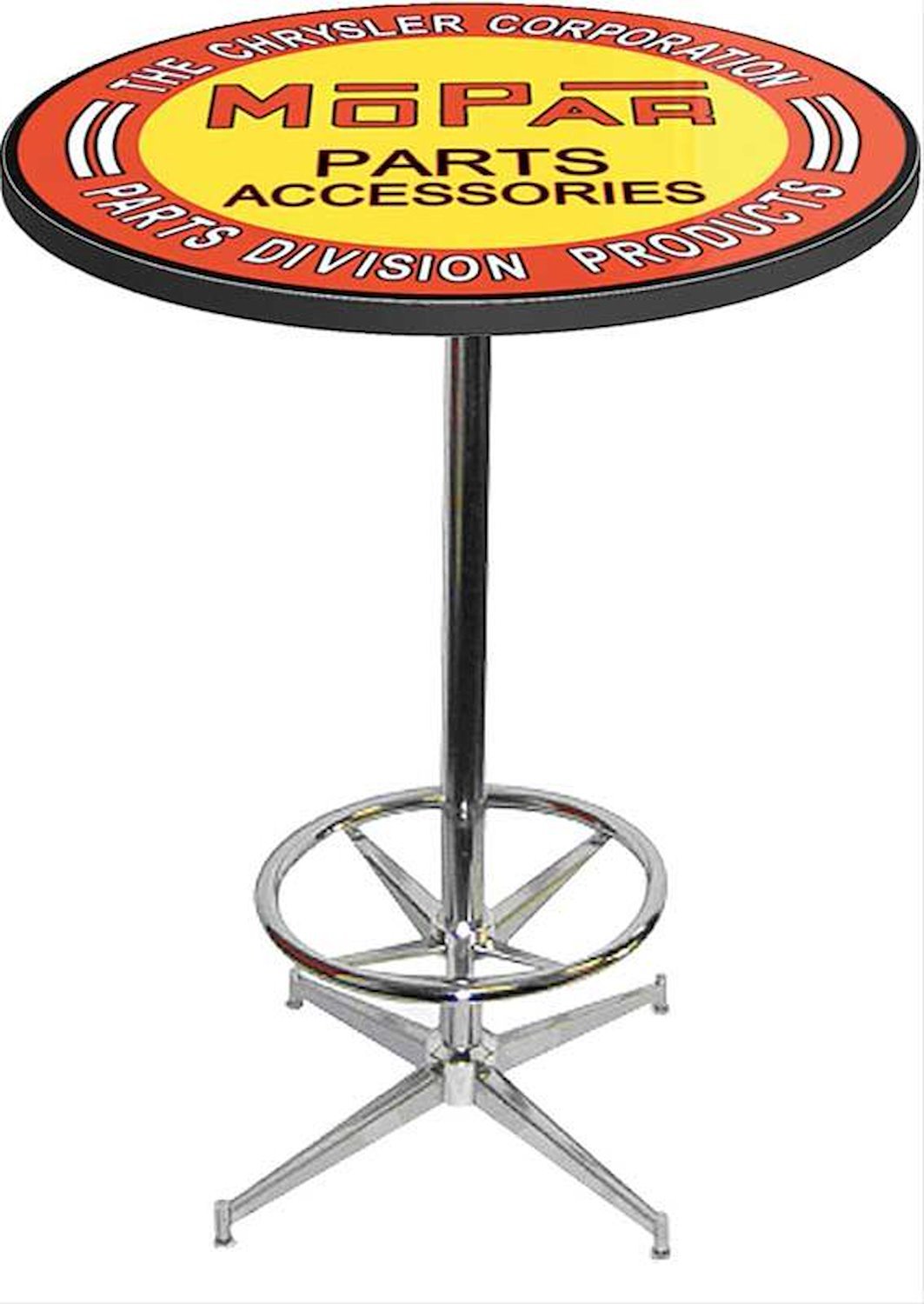 MD673106 Pub Table With Chrome Base And Foot Rest 1948-53 Orange/Yellow Mopar parts And Accessories Logo Pub Table With Chrome B