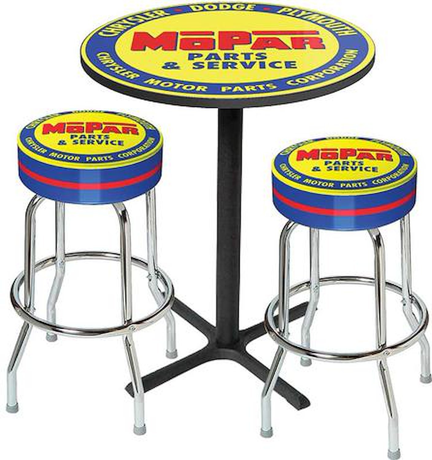 MD67504 Table & Stool Set Mopar Blue/Yellow Logo; Black Base With 2 Chrome Stools (3-Piece); Style 4