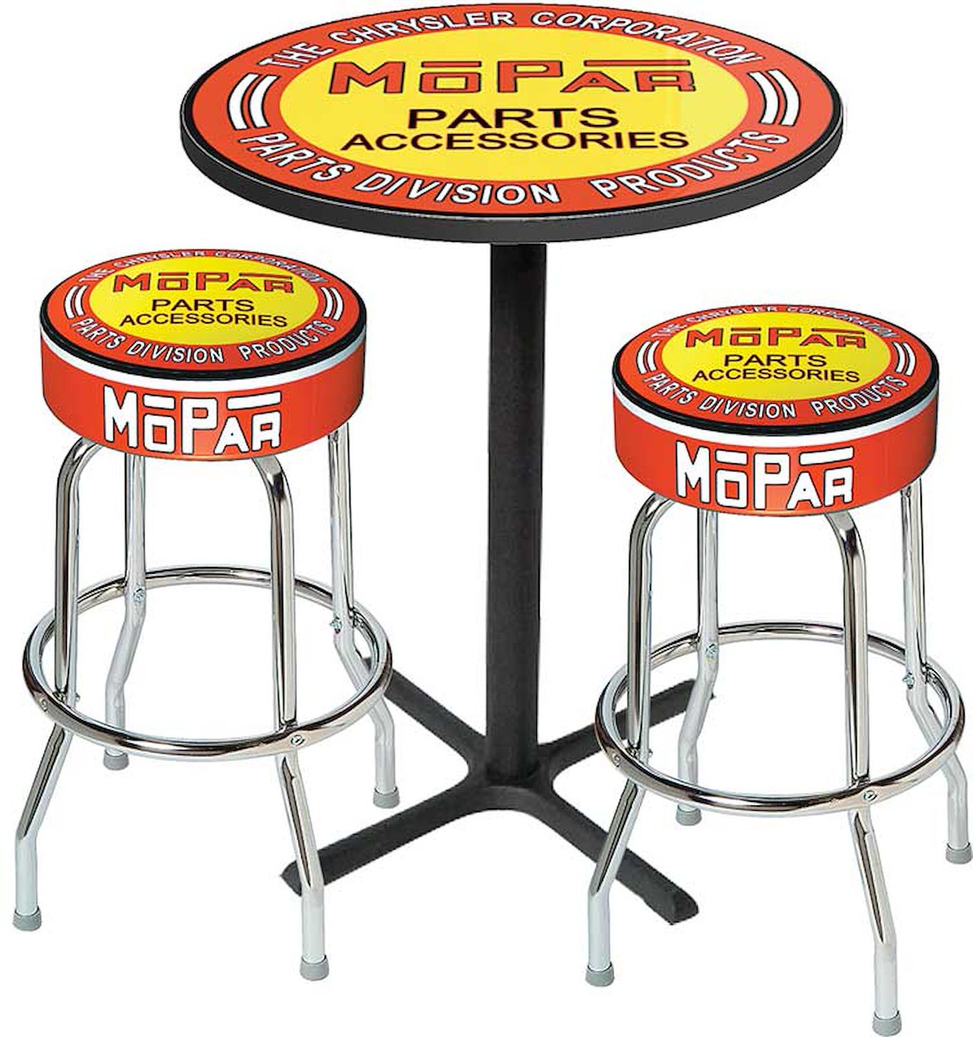 MD67506 Stool Set Mopar Orange/Yellow Logo Pub Table &; Black Base With 2 Chrome Stools (3-Pc); Style 6