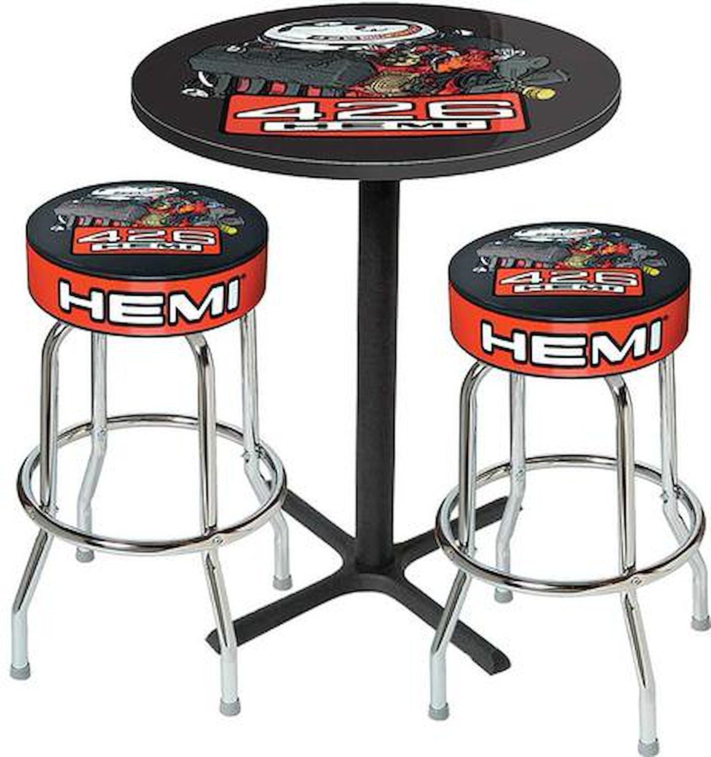 MD67513 Table & Stool Set; Mopar 426 Hemi Logo; Black Based Table With Chrome Stools (3-Pc); Style 13