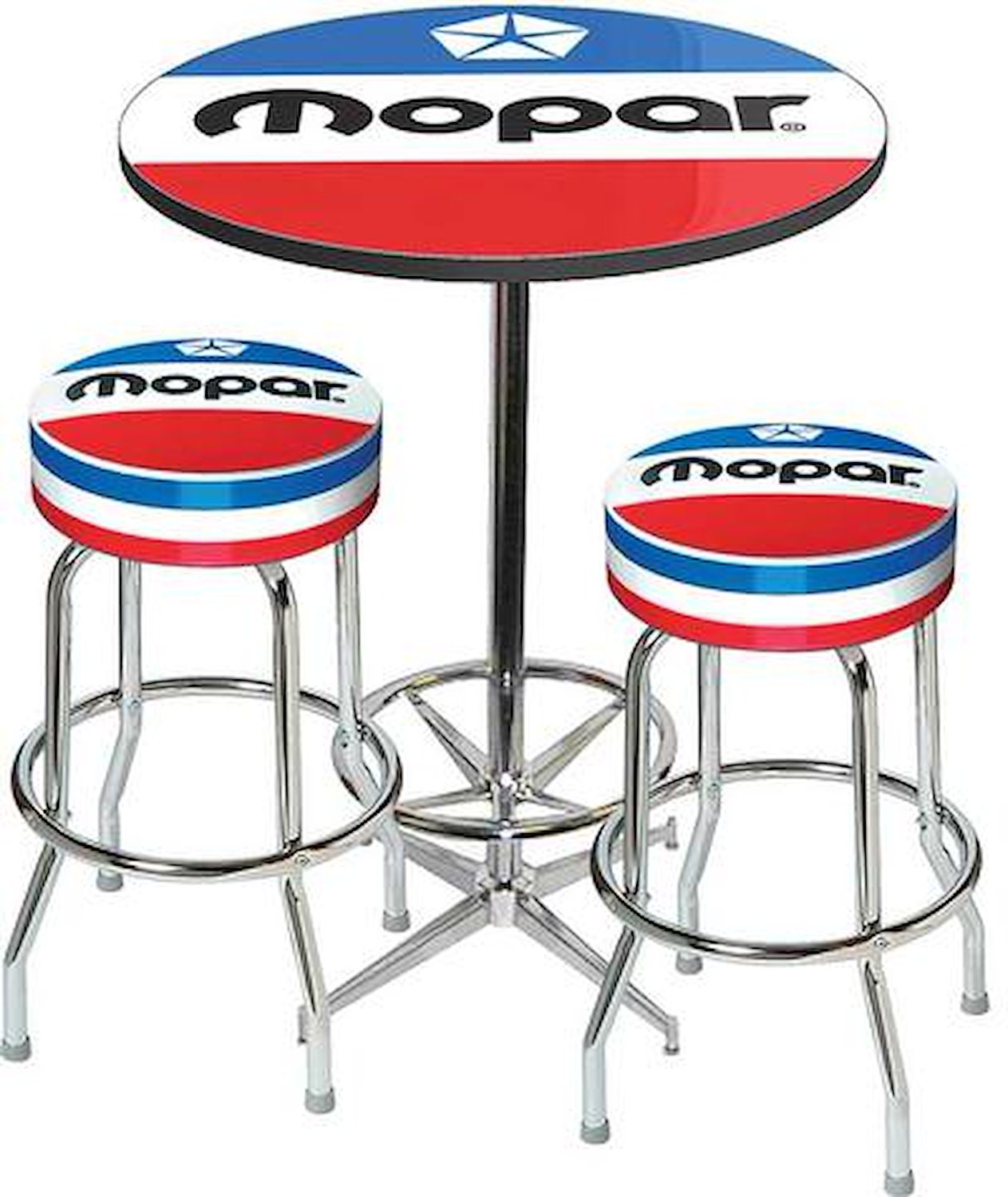 MD67707 Pub Table & Stool Set Mopar Logo; Chrome Based Table With Foot Rest & 2 Chrome Stools; Style 7