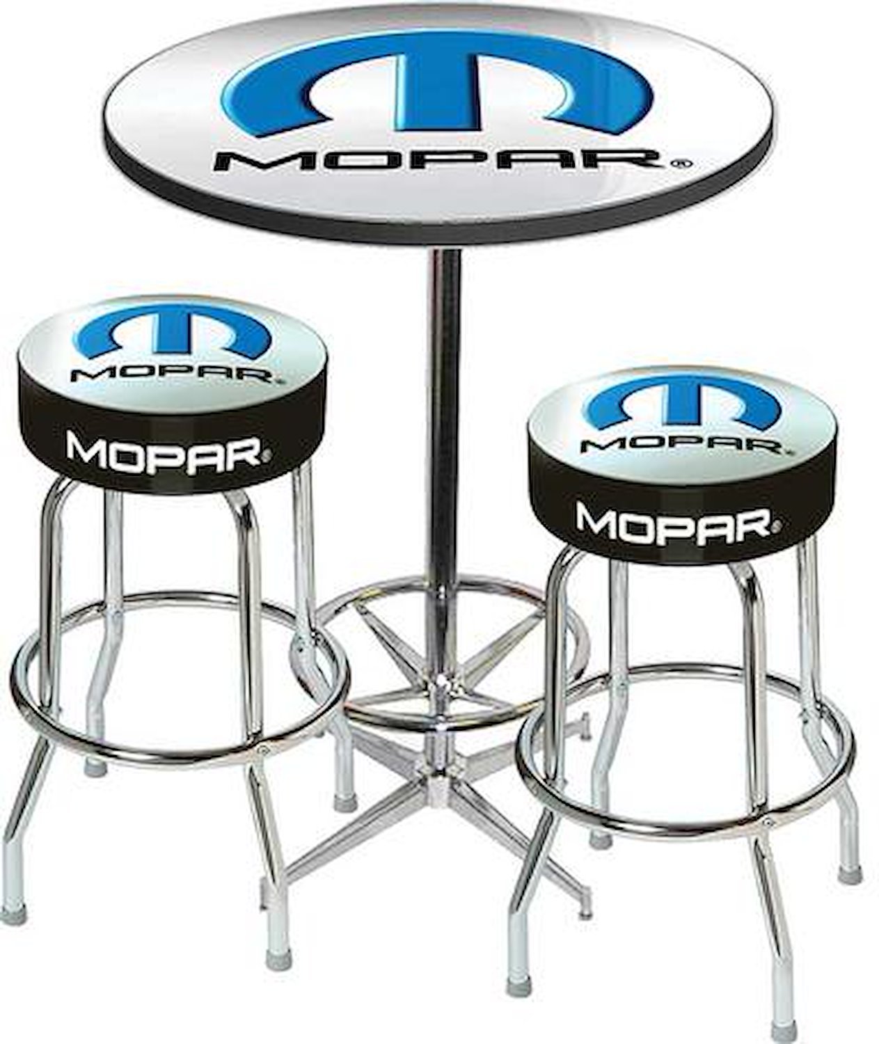 MD67708 Pub Table & Stool Set 2001-13 Mopar Logo; Chrome Based Table With Foot Rest & 2 Chrome Stools