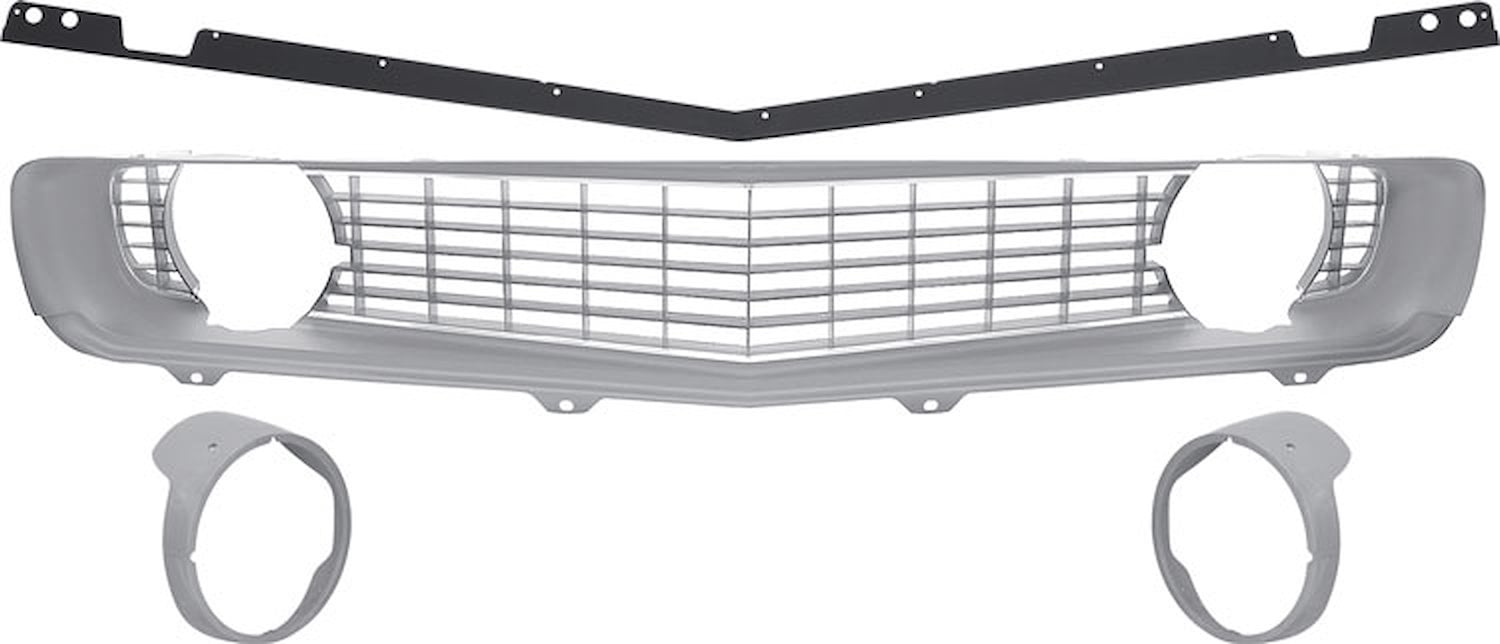 R5028G Full Grill Kit 1969 Camaro Standard; Unpainted Headlamp Bezels; Without Chrome Rings; Silver Grill