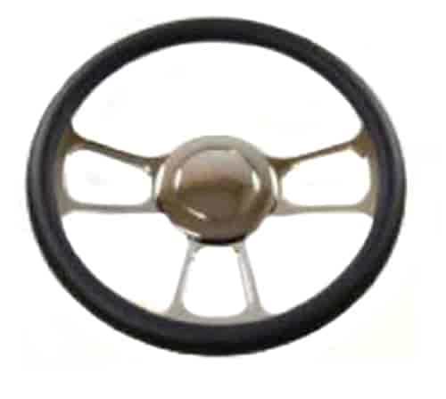 14 POLISHED BILLET T STYLE STEERING WHEEL WITH LEATHER GRIP