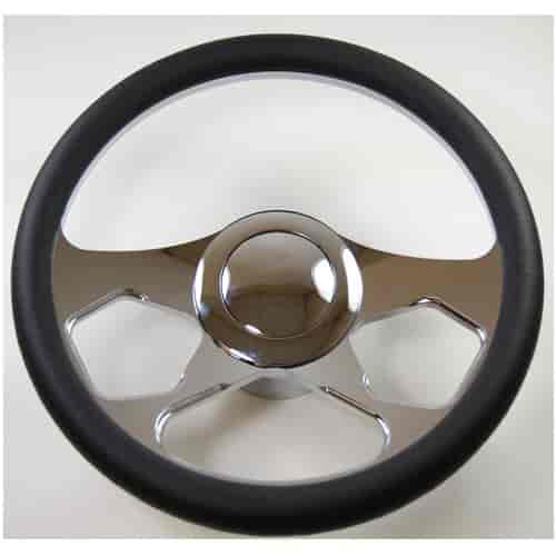 14 CHROME BILLET REVOLUTION STYLE STEERING WHEEL WITH LEATHER GRIP/HORN BUTTON/ADAPTOR KIT