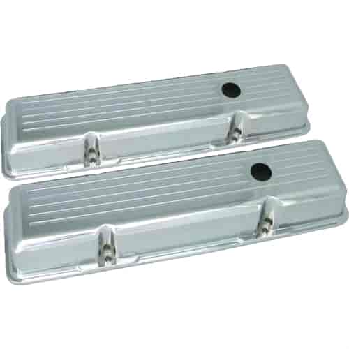 Chrome Aluminum SB Chevy Short Valve Cover - Ball Milled with Hole / Baffled (Includes Grommets)