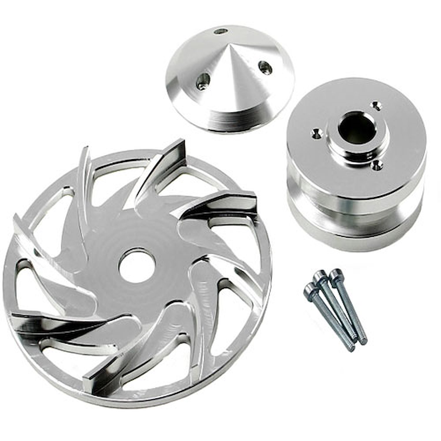 Universal Chevy Ford Single V Groove Silver Billet Alternator Pulley and Fan Kit