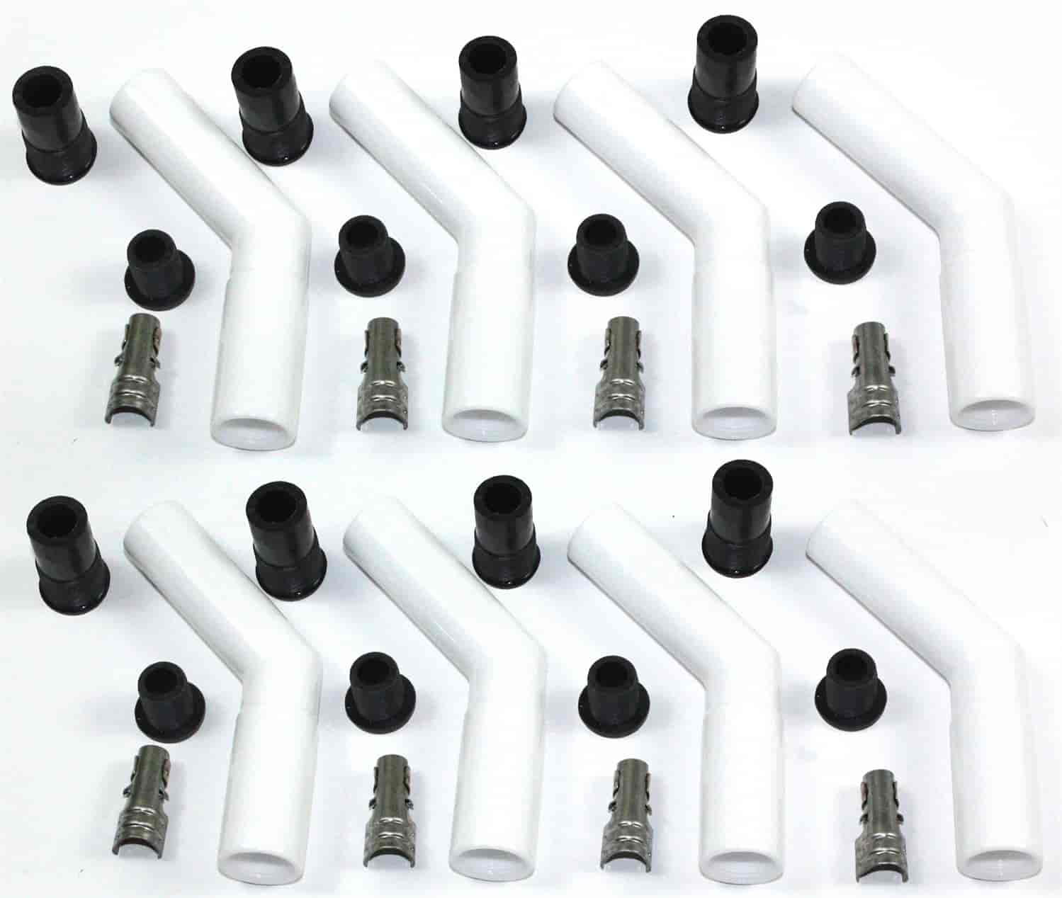 White Ceramic Spark Plug Boots - 45 Degree - Fits 8 mm Wire - Set of 8