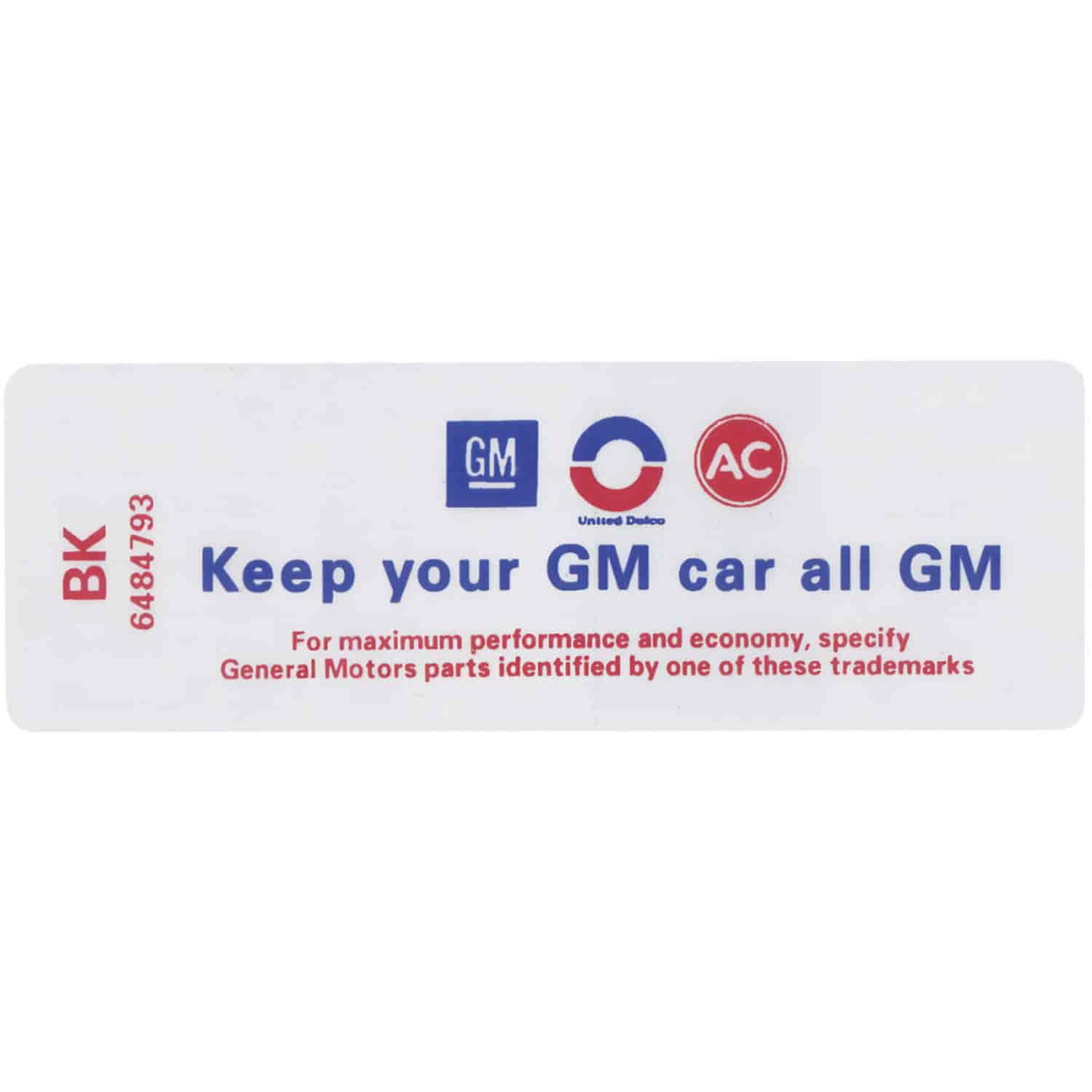 Decal 69 Riviera Air Cleaner GS Keep Your GM Car All GM BK 6484793