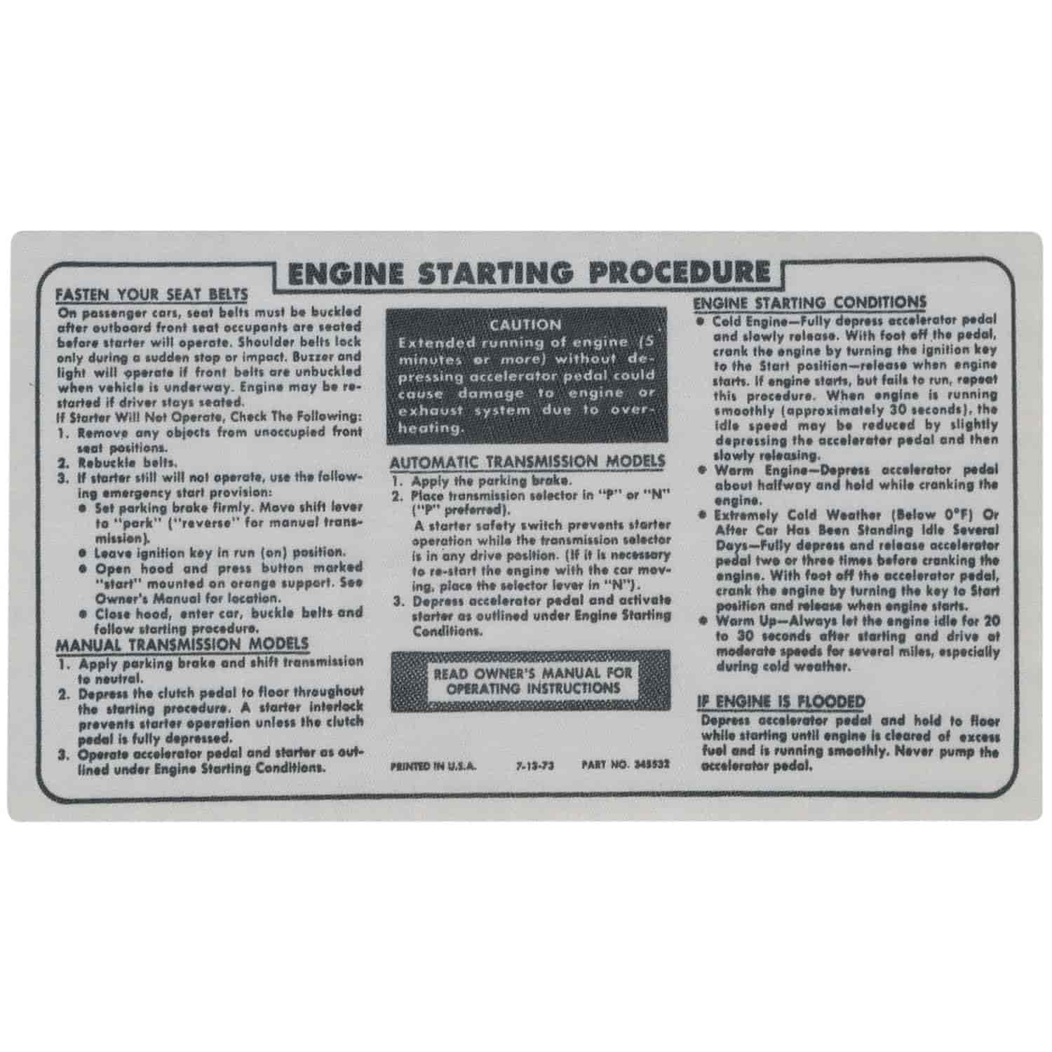 Decal 74-76 Riviera Engine Starting Instructions