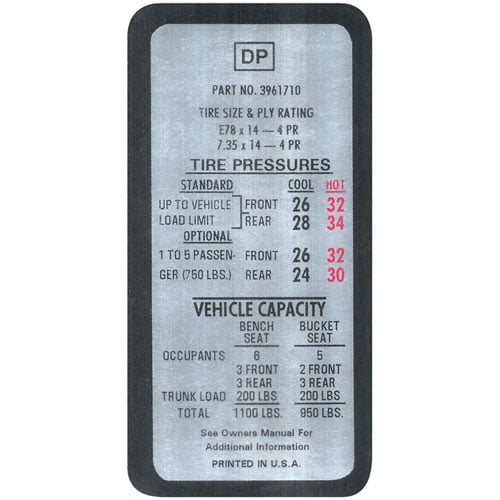 DC00189 Tire Pressure Decal for 1969-1970 Chevrolet Chevelle