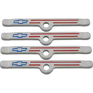 Bowtie Valve Cover Hold-Down Clamps for 1958-1986 Small Block Chevy & V6/90° in Metallic Gray with Blue Bowtie Emblem