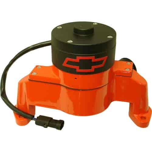 Electric Water Pump for Small Block Chevy with Red Bowtie in Orange Epoxy Powder Coated Finish