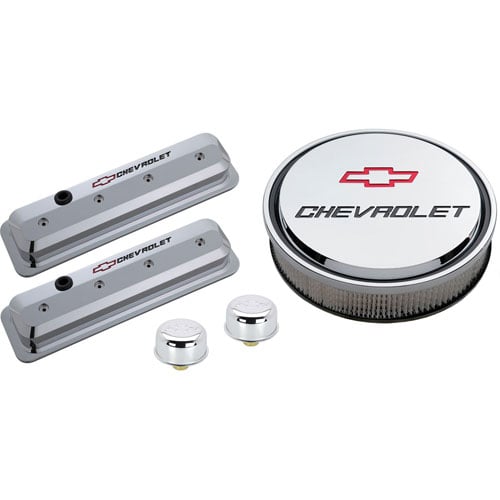 1987-Up Small Block Chevy Die-Cast Slant-Edge Center Bolt Valve Cover Kit with Recessed Emblems in Chrome Finish