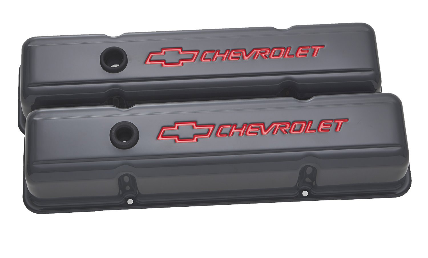 Stamped Steel Tall Valve Covers for 1959-1986 Small Block Chevy with Chevrolet/Bowtie Recessed Emblem in Shark Gray Finish