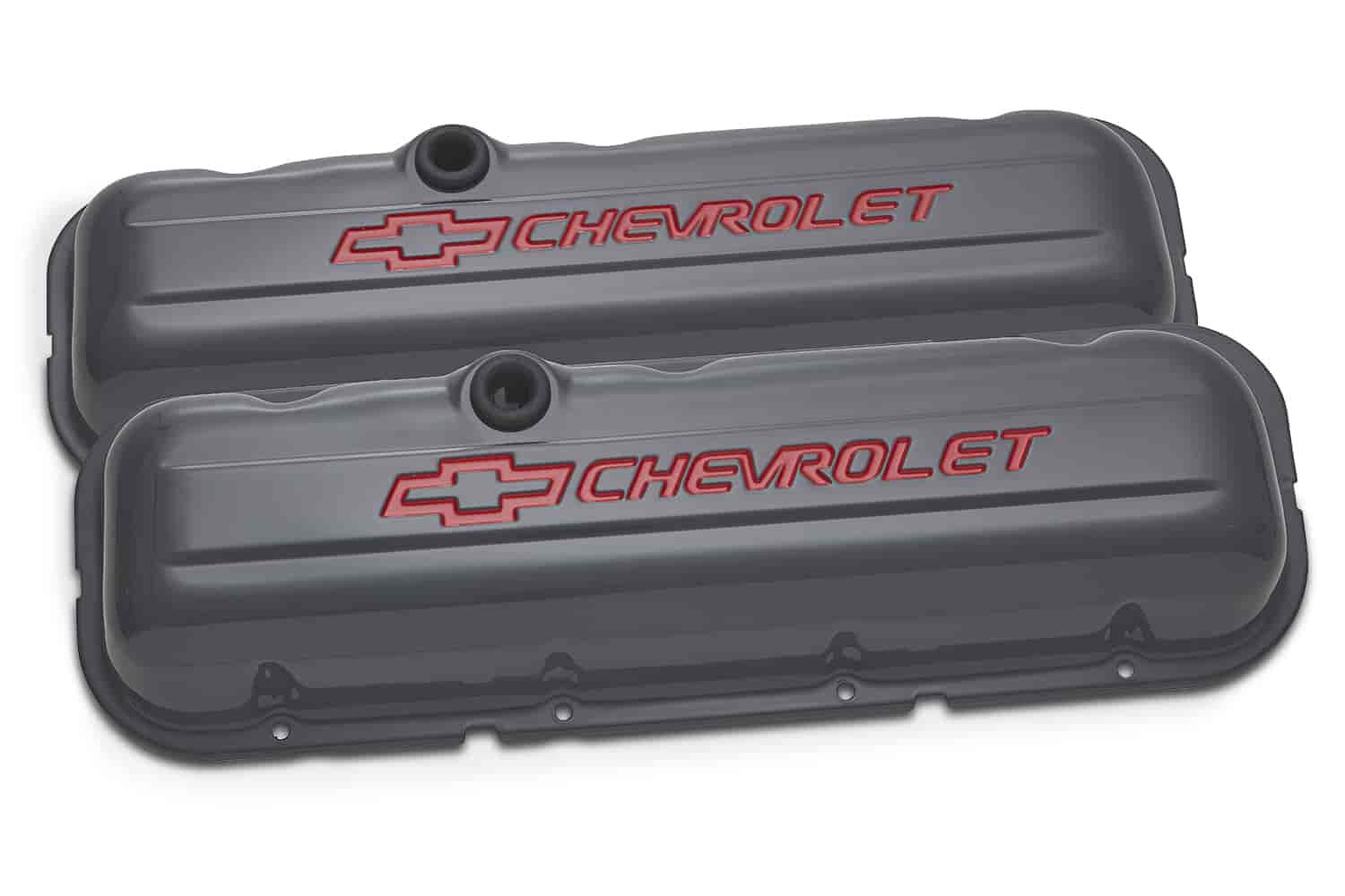Stamped Steel Short Valve Covers for 1965-1996 Big Block Chevy with Chevrolet/Bowtie Recessed Emblem in Shark Gray Finish