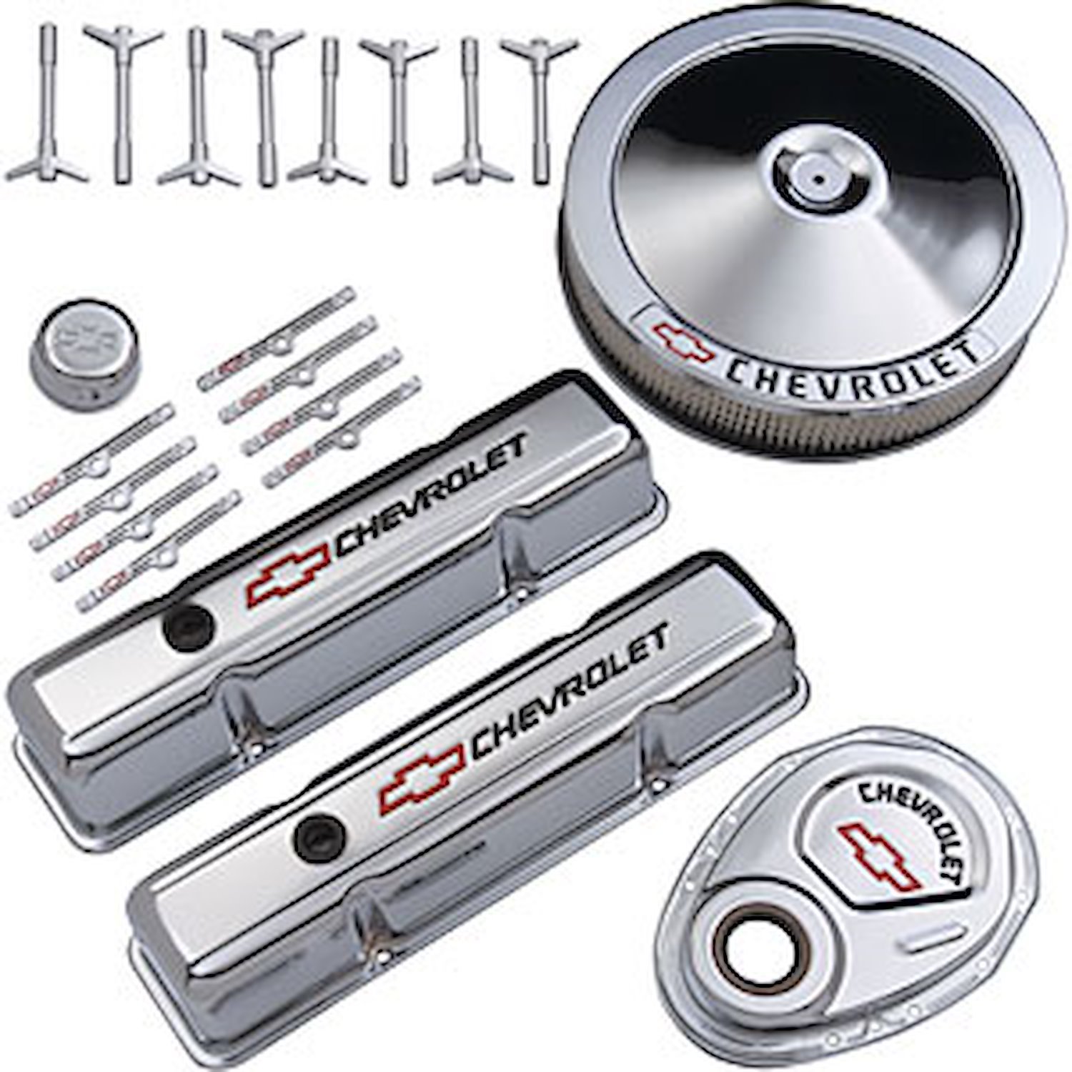 Chrome Engine Dress-up Kit for 1958-1986 Small Block Chevy with Chevrolet and Bowtie Emblems