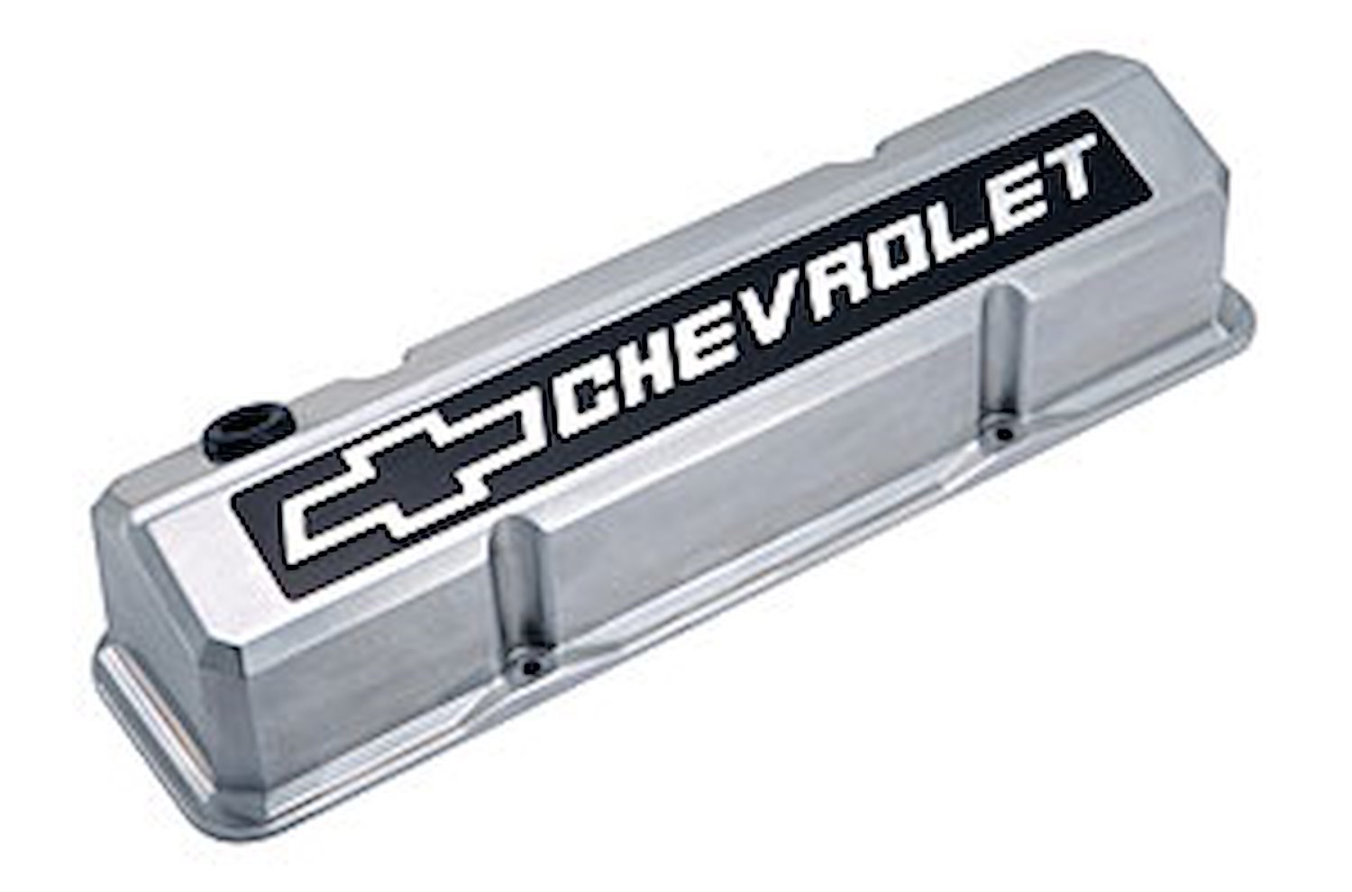 Die-Cast Slant-Edge Valve Covers for 1958-1986 Small Block Chevy with Chevrolet/Bowtie Raised Emblem in Polished/Black Finish