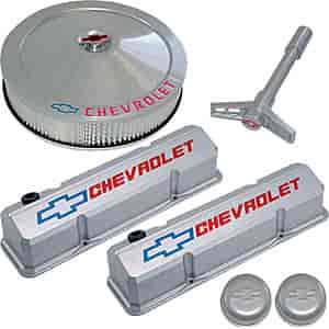 1958-1986 Small Block Chevy Engine Dress-Up Kit with Recessed Emblems in Metallic Gray Finish