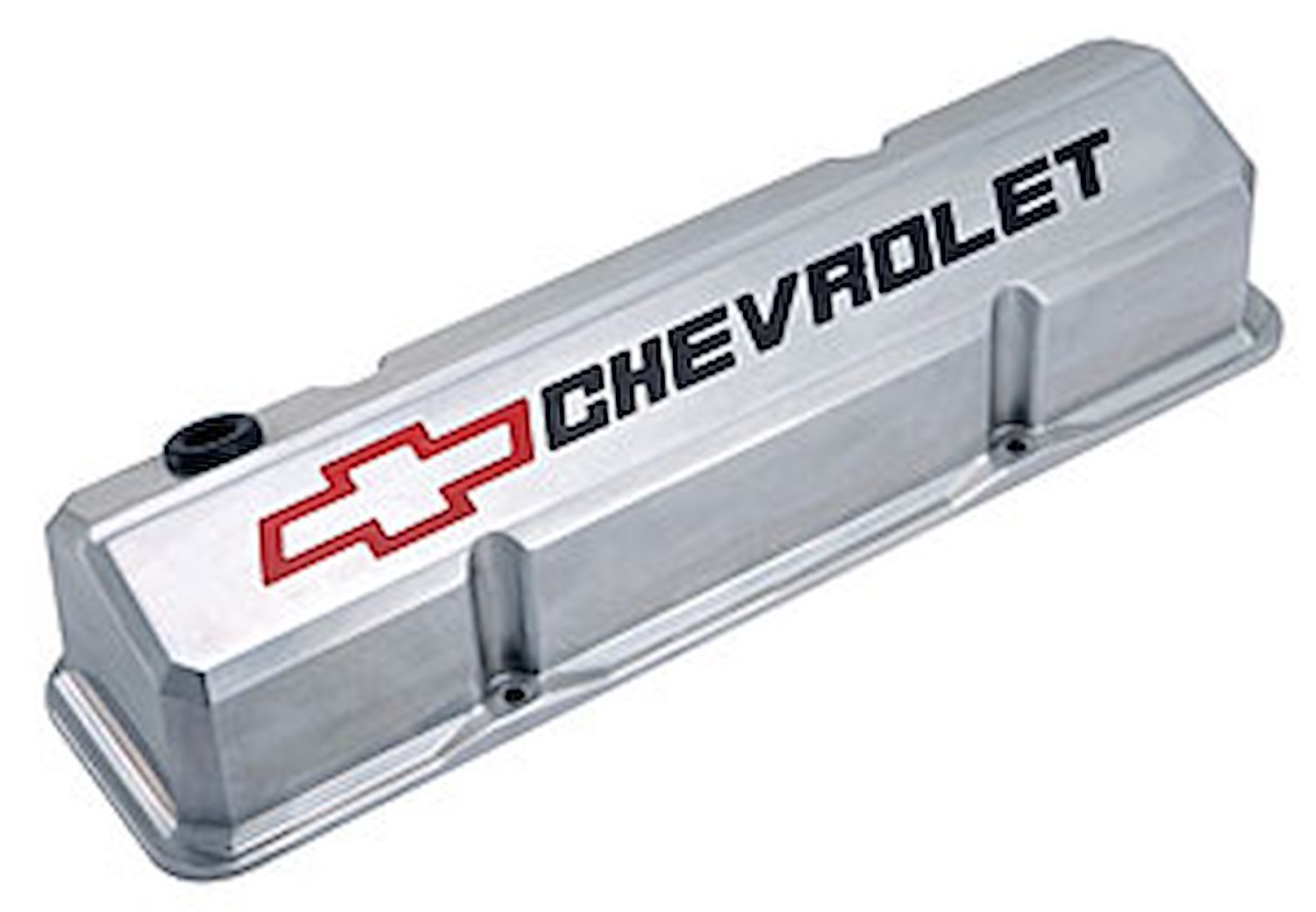 Die-Cast Slant-Edge Valve Covers for 1958-1986 Small Block Chevy Chevrolet/Bowtie Recessed Red/Black Emblem in Polished Finish