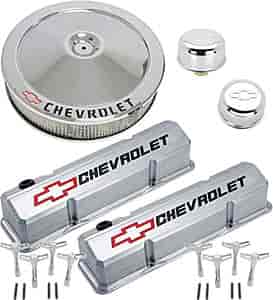 1958-1986 Small Block Chevy Engine Dress-Up Kit with Recessed Red/Black Emblems in Polished Finish