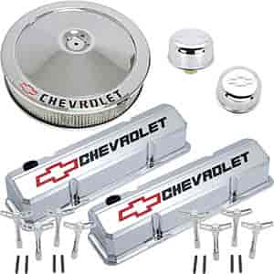 1958-1986 Small Block Chevy Engine Dress-Up Kit with Recessed Red/Black Emblems in Chrome Finish