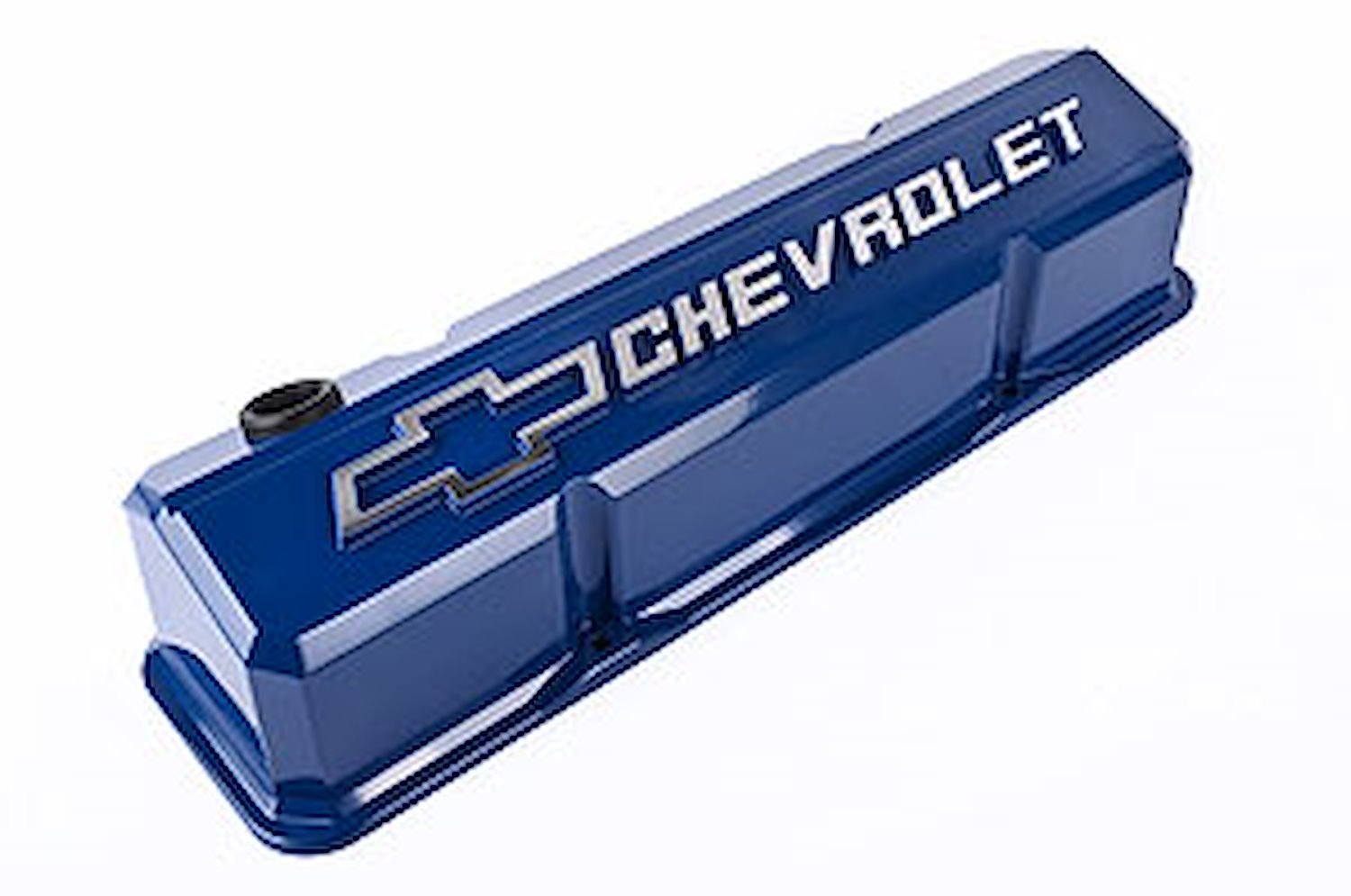 Die-Cast Slant-Edge Valve Covers for 1958-1986 Small Block Chevy with Chevrolet/Bowtie Raised Emblem in Blue Finish