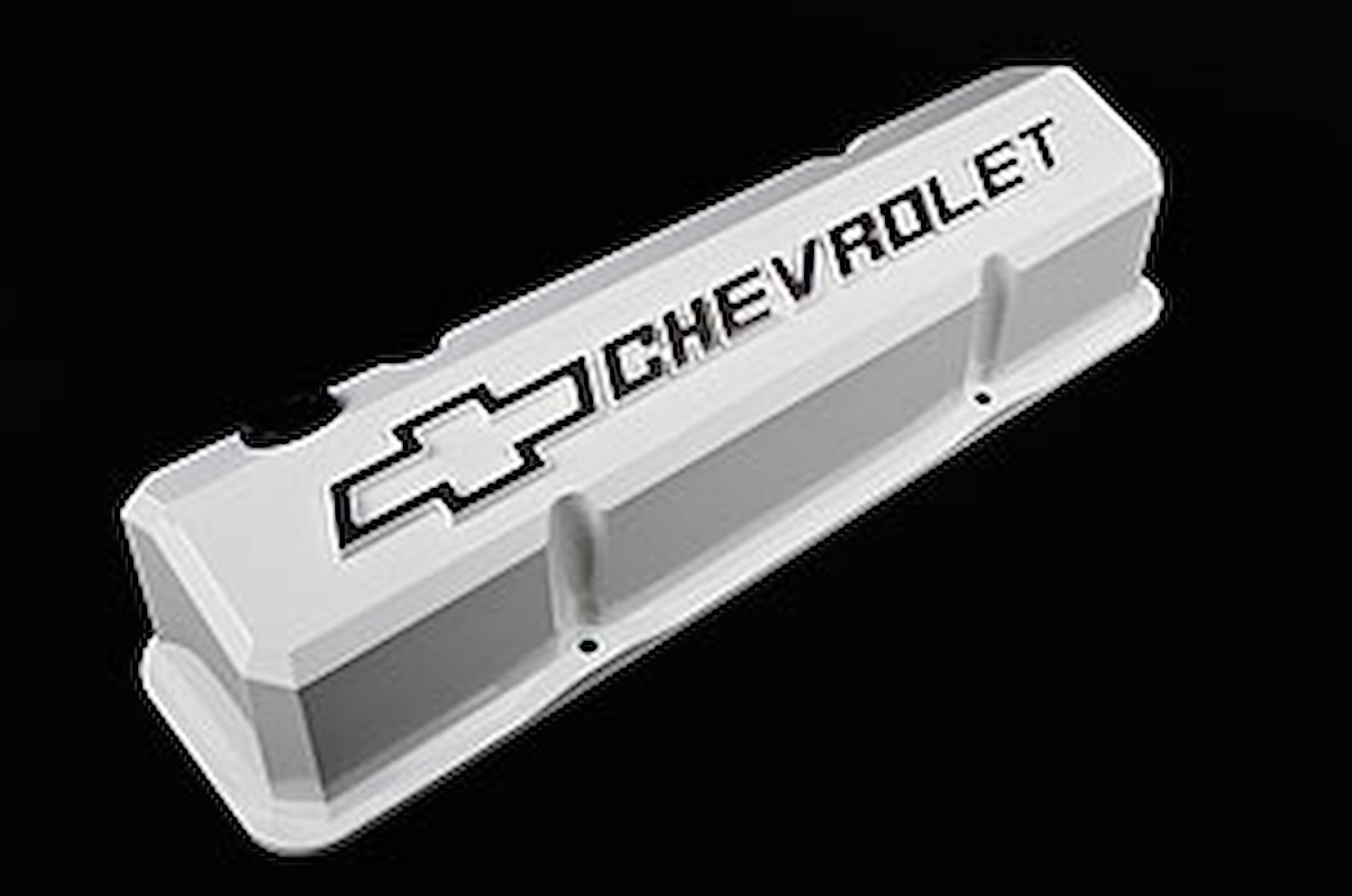 Die-Cast Slant-Edge Valve Covers for 1958-1986 Small Block Chevy with Chevrolet/Bowtie Raised Emblem in White Finish