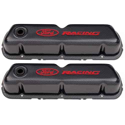 Stamped Steel Tall Valve Covers for Small Block Ford 289-302-351W in Carbon-Style Finish with Red Ford Racing Emblem