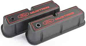 Die-Cast Aluminum Tall Valve Covers for Small Block Ford 289-302-351W in Black Crinkle Finish with Ford Mustang Emblem