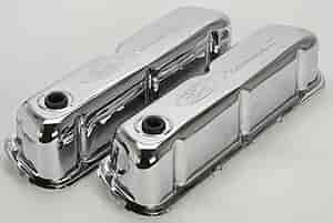 Stamped Steel Tall Valve Covers for Small Block Ford 289-302-351W in Chrome with Embossed Ford Racing Emblem