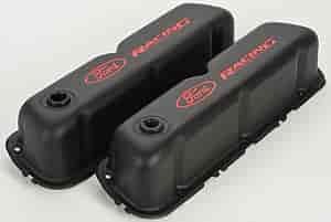 Stamped Steel Tall Valve Covers for Small Block Ford 289-302-351W in Black Crinkle Finish with Red Ford Racing Emblem