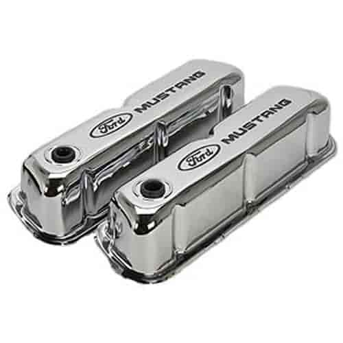 Stamped Steel Tall Valve Covers for Small Block Ford 289-302-351W in Chrome Finish with Black Ford Mustang Emblem