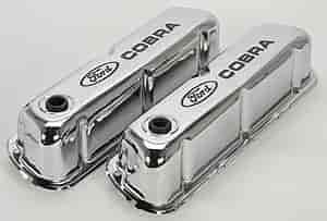 Stamped Steel Tall Valve Covers for Small Block Ford 289-302-351W in Chrome Finish with Black Ford Cobra Emblem
