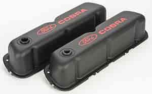 Stamped Steel Tall Valve Covers for Small Block Ford 289-302-351W in Black Crinkle Finish with Red Ford Cobra Emblem