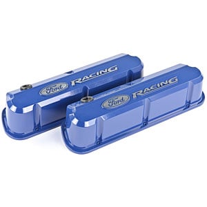 Slant-Edge Tall Aluminum Valve Covers for Small Block Ford 289-302-351W in Ford Blue Finish with Raised Ford Racing Emblem
