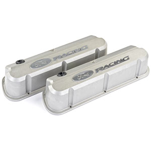 Slant-Edge Tall Aluminum Valve Covers for Small Block Ford 289-302-351W in Cast Gray Crinkle with Raised Ford Racing Emblem