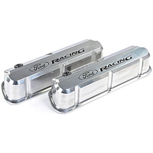 Slant-Edge Tall Aluminum Valve Covers for Small Block Ford 289-302-351W in Polished Finish with Recessed Black Ford Racing Logo