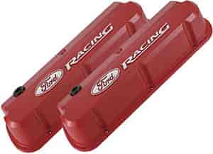 Slant-Edge Tall Aluminum Valve Covers for Small Block Ford 289-302-351W in Red Finish with Raised Ford Racing Emblem