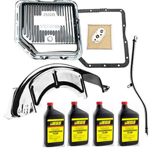 Chrome Transmission Pan Kit for GM Turbo 350 Includes: Pan, Dipstick, Flywheel Cover, Filter, Gasket, and 4 Quarts of Fluid